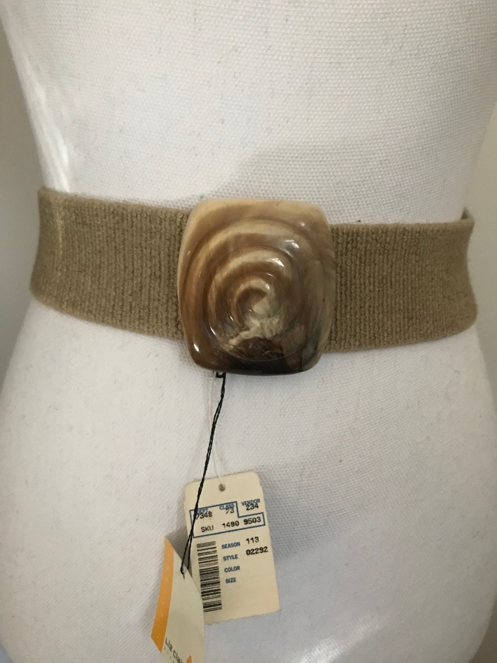 Stretch belt new vintage tan whimsical plastic attachment for closure hook